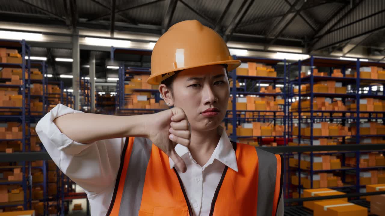 primer plano de una ingeniera asiática con casco de seguridad de pie en el almacén con estantes llenos de productos de entrega. mostrando los pulgares hacia abajo y sacudiendo la cabeza en el almacenamiento