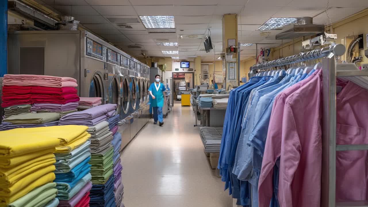 Inside a Busy Laundry Facility: Colorful Stacks of Fabrics and Staff in Action Highlight the Efficiency of Textile Care Services in a Vibrant, Organized Environment