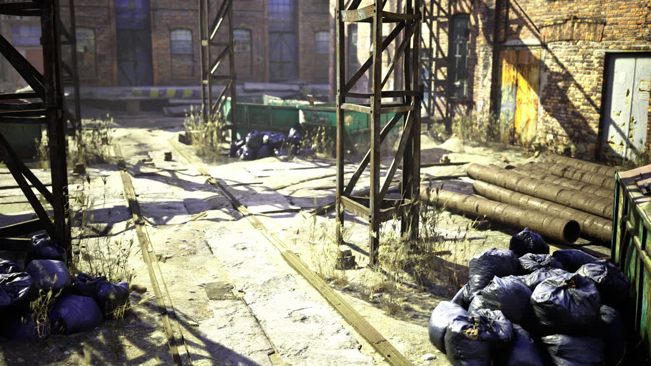 Abandoned industrial site with overgrown vegetation and scattered debris