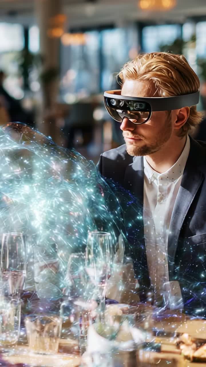 En mand fordybet i en futuristisk spiseoplevelse med augmented reality-briller, der forbedrer hans interaktion med digitale elementer i hans miljø