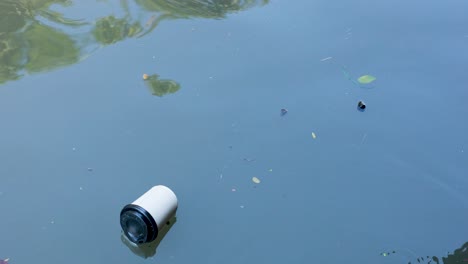 a coffee cup drifts on calm water, surrounded by reflections and leaves, under soft natural light