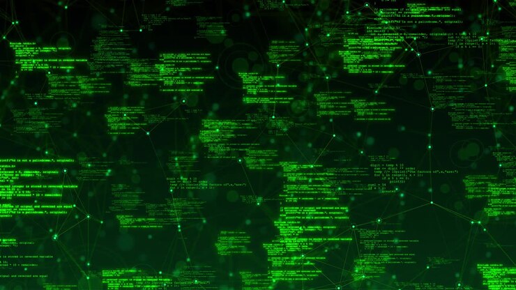 Video of digital plexus grid coding featuring glowing green lines programming text connected nodes