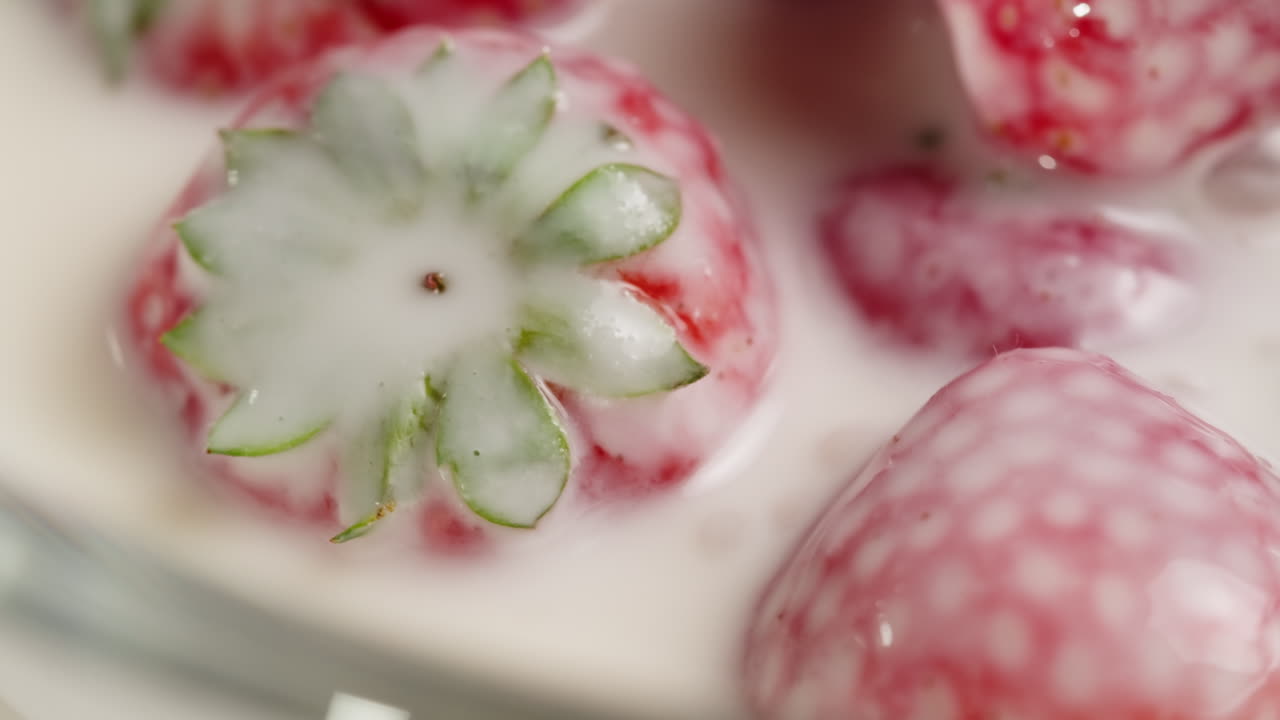 Close-up of Fresh Strawberries Soaking in Creamy Milk