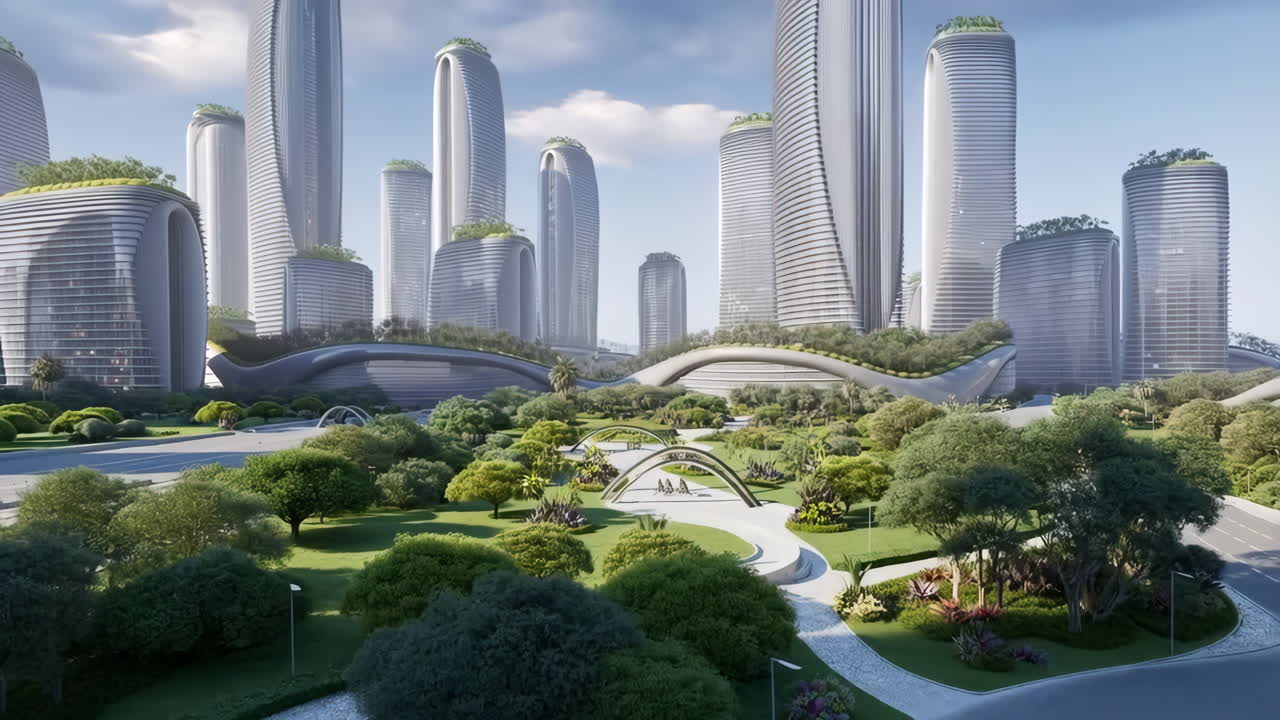 Futuristic Green Cityscape with Modern Architecture and Lush Parks