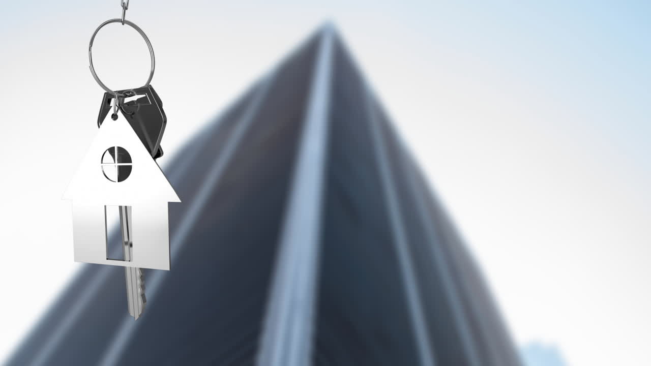 Animation of silver key with house key chain over skyscraper