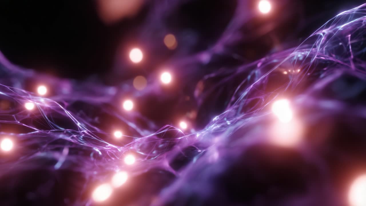 Una visualizzazione incantevole di complesse connessioni neurali illuminate da un viola radioso e particelle luminose, che cattura l'essenza dell'esplorazione scientifica