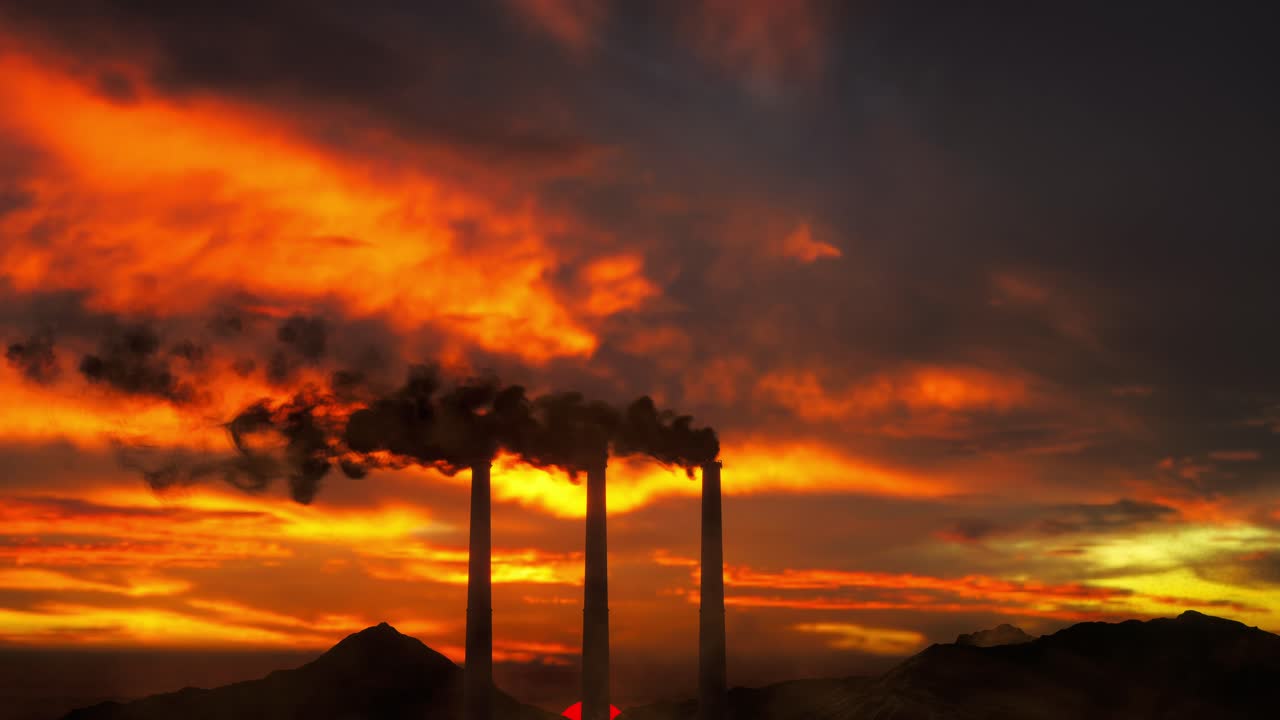 화학 공장의 연기 파이프, 대기 오염 개념, 환경 오염과 함께 산업 풍경, 일몰 시간
