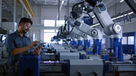 engineer inspects robotic assembly line in factory