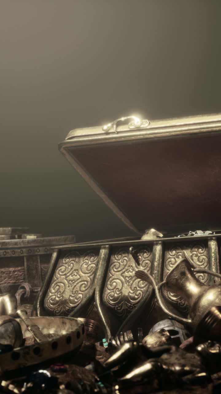 cofre de tesoro abierto antiguo con objetos de colección