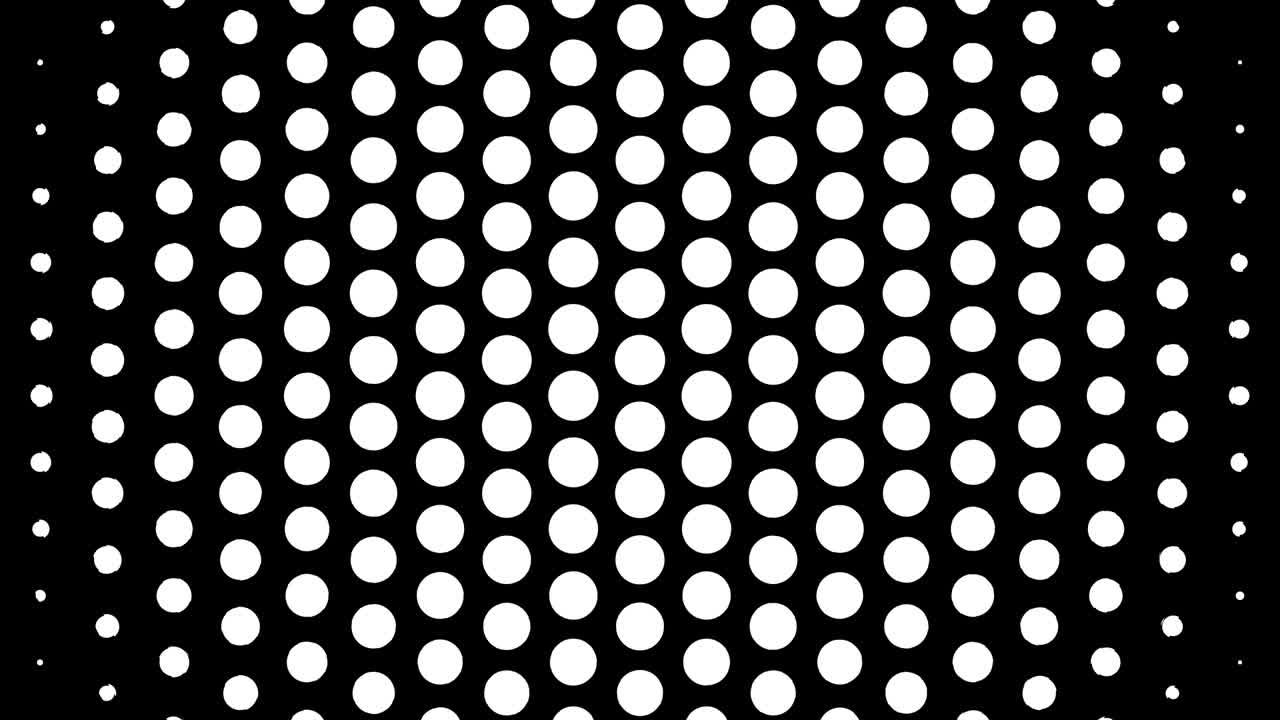 White polka dots against black background. Concentric growing circles seamless loop transition