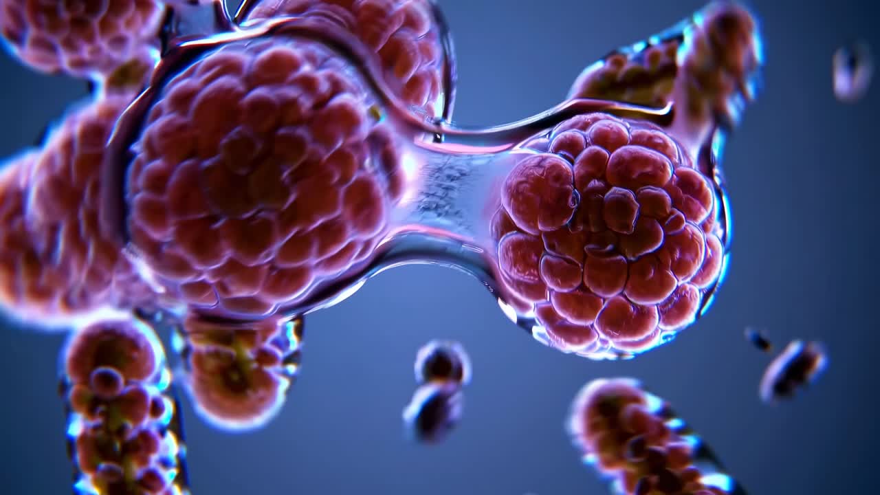 Close-up video of colorful bacteria with a shallow depth of field, showcasing a dynamic, microscopic