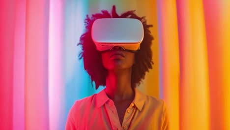 woman experiencing virtual reality in a colorful digital world