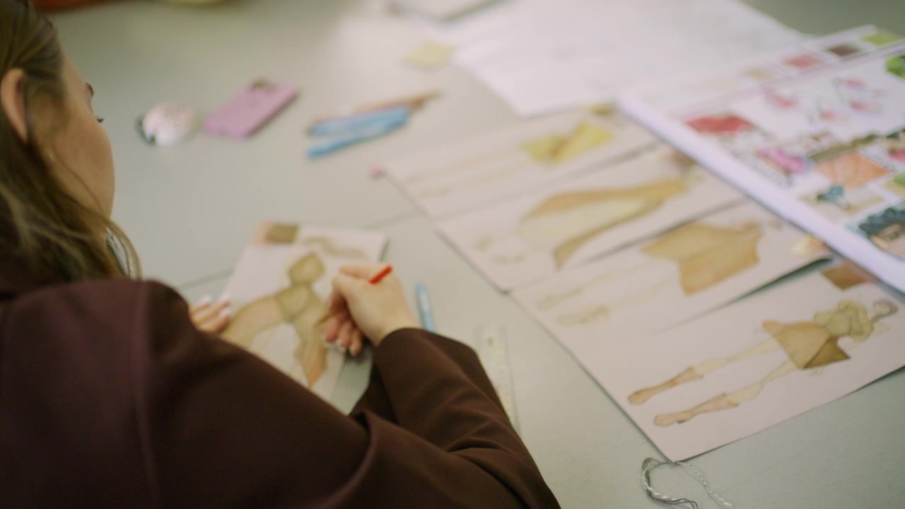 Close up of a fashion designer drawing a gold structured dress illustration with colored pencils on a studio worktable