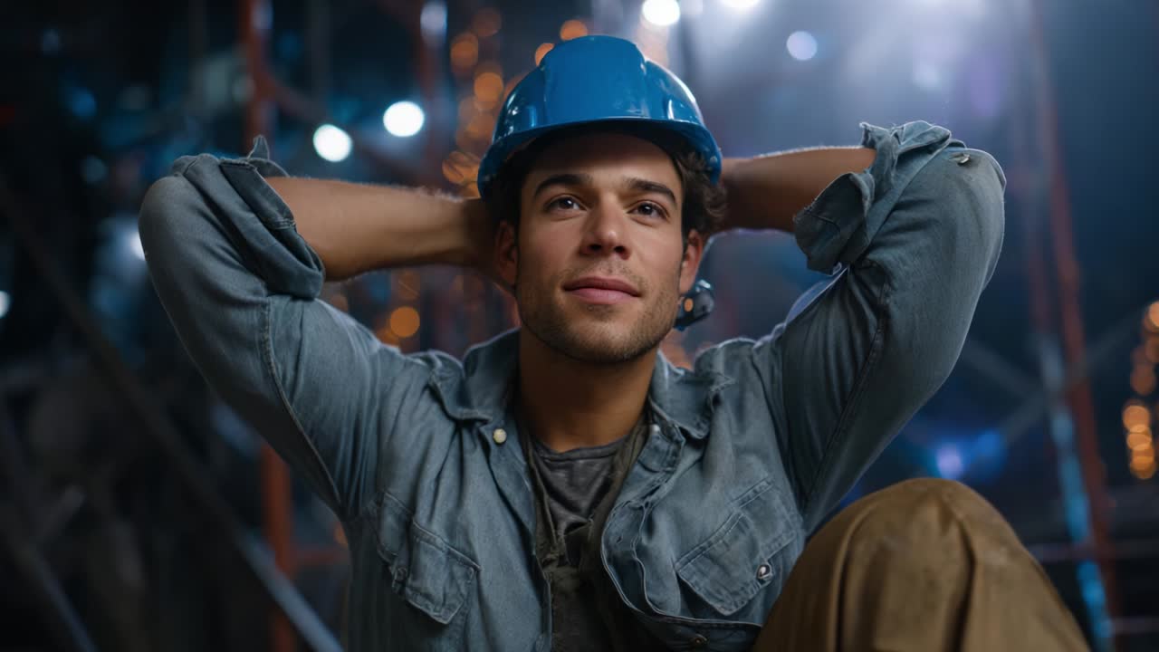 A contemplative young male construction worker in a hard hat gazes thoughtfully into the distance, embodying both determination and a moment of introspection amidst a vibrant, illuminated backdrop