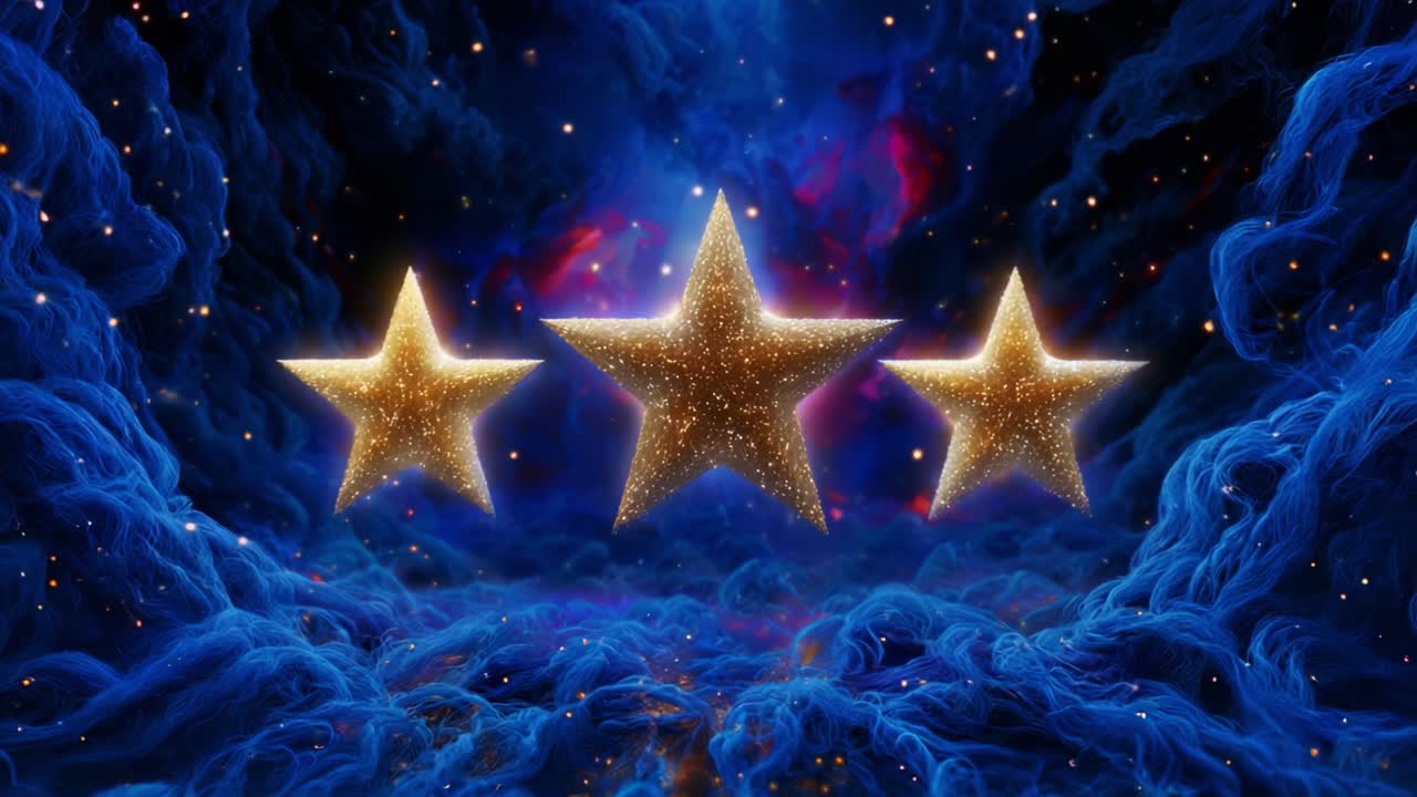 A captivating visual spectacle featuring three glowing stars that shimmer brilliantly against a backdrop of swirling cosmic textures and vibrant shades of blue and purple, creating a mesmerizing atmosphere of wonder