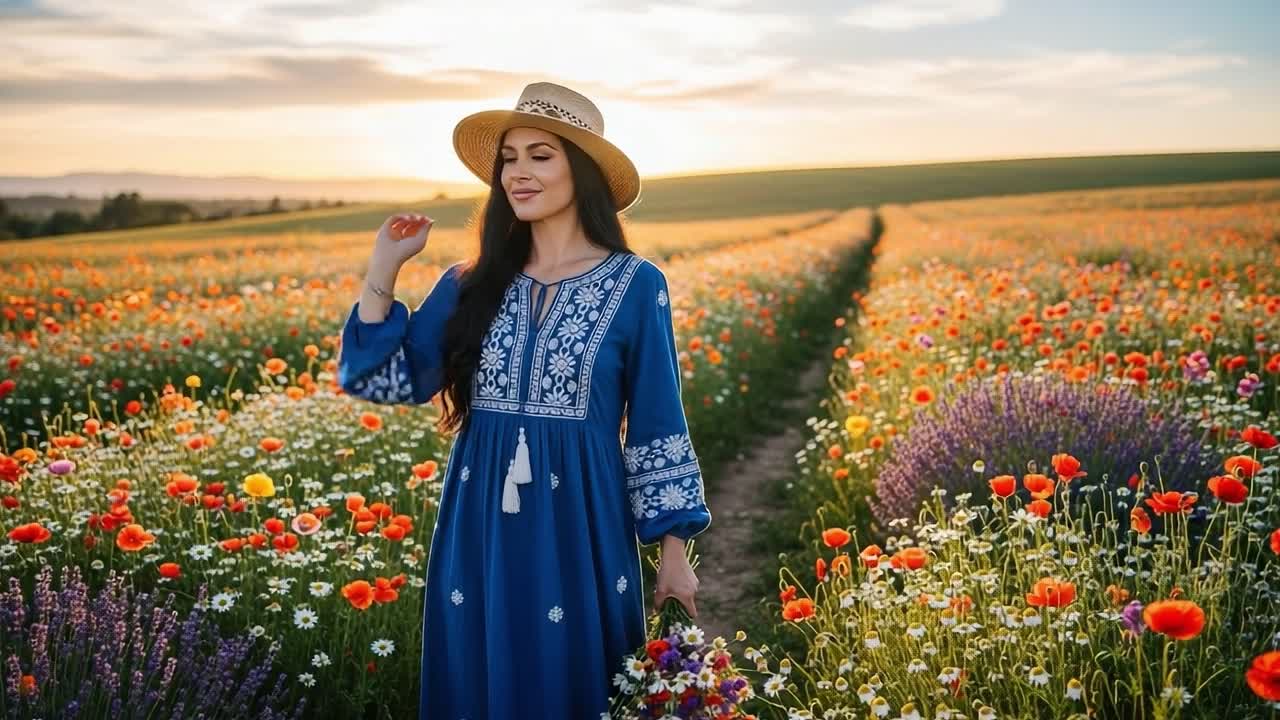 A Woman in a Beautiful Blue Dress with a Hat Stands in a Vibrant Flower Field, Holding a Bouquet Amidst Colorful Blossoms as the Sun Sets Over the Horizon