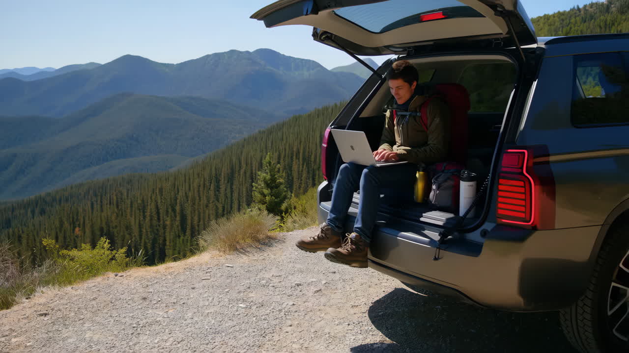 Uomo che lavora da remoto al laptop dal bagagliaio di un SUV tra montagne panoramiche