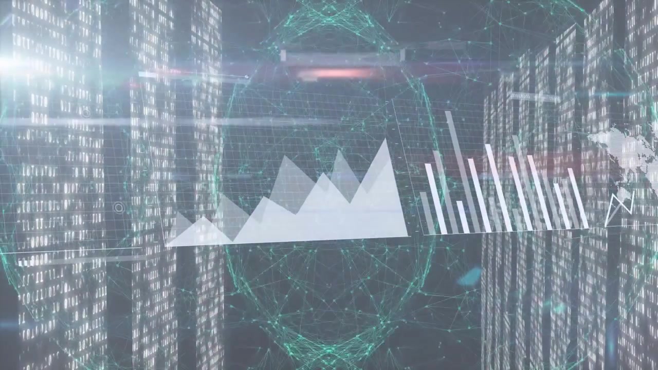 Holografisk linje- og søjlediagram svævende i digitalt rum, visualiserer data med binære kodestrømme