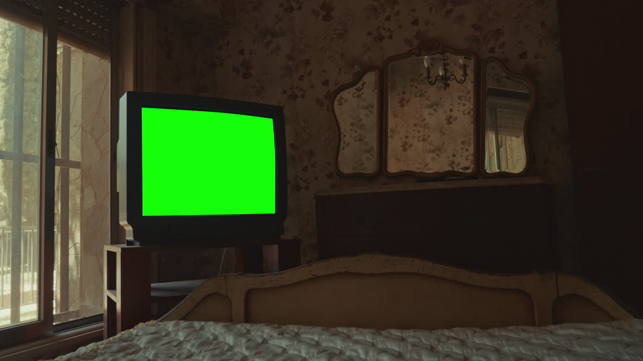 Old Television with Green Screen in a Vintage Bedroom