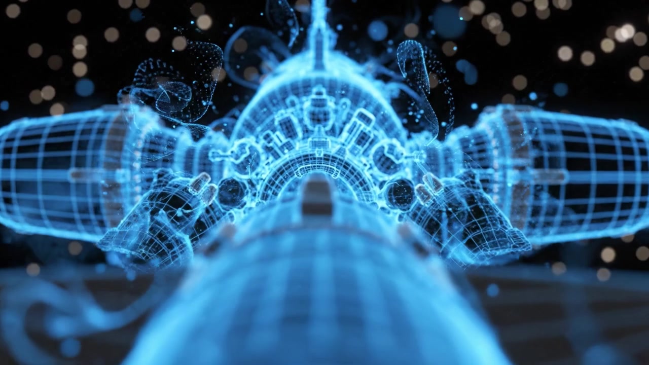 Futuristic Blue Wireframe Rocket Design Rendered in Space with Luminous Particles Surrounding, Showcasing Advanced Technology and Innovation in Space Travel