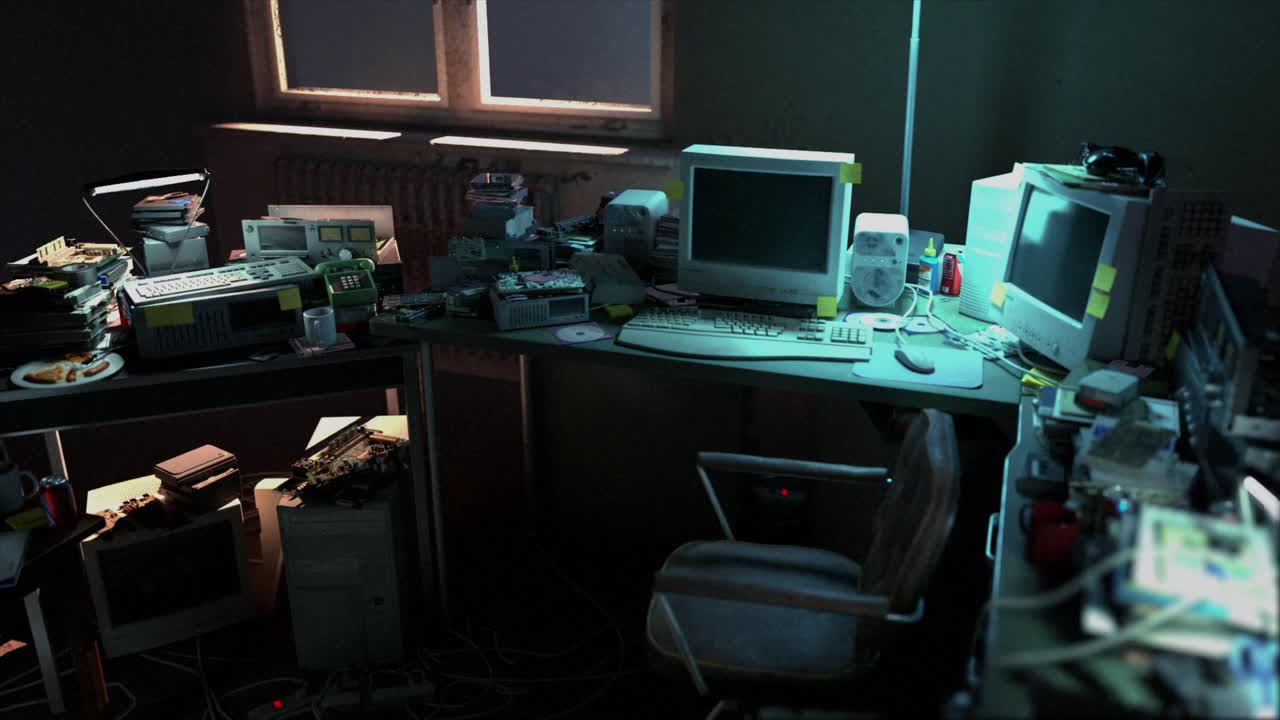 A cluttered old seedy office workstation at night, with retro 1990s period computer equipment and assorted electronics gear stripped down for repair - smooth descending wide shot