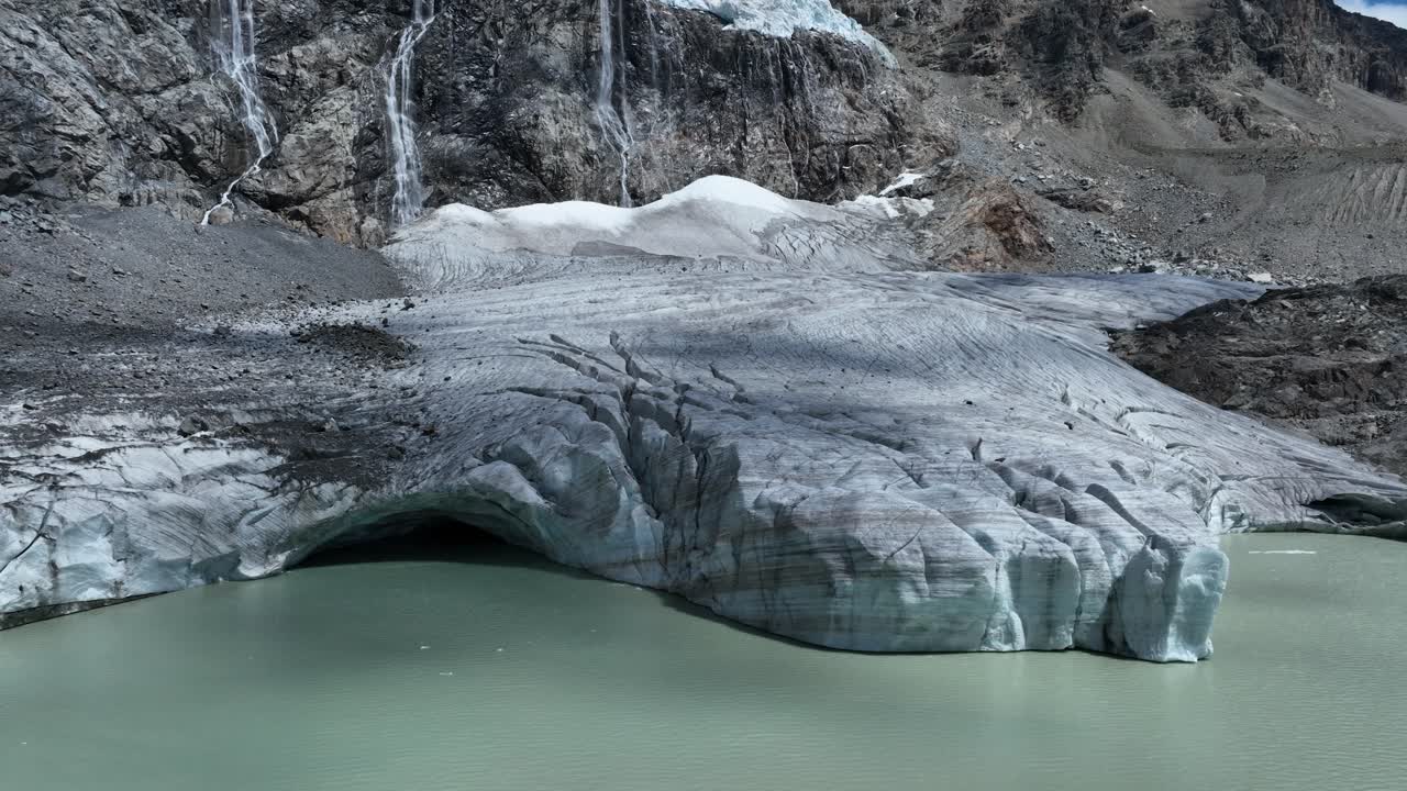 Aerial Panning right Drone Shot of Fellaria's Glacier and its Oriental Lake - Valmalenco - Sondrio