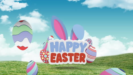 animation of happy easter text with easter bunny ears and easter eggs on spring grass and sky