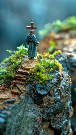 miniature figure stands on rocky path holding cross surrounded by greenery