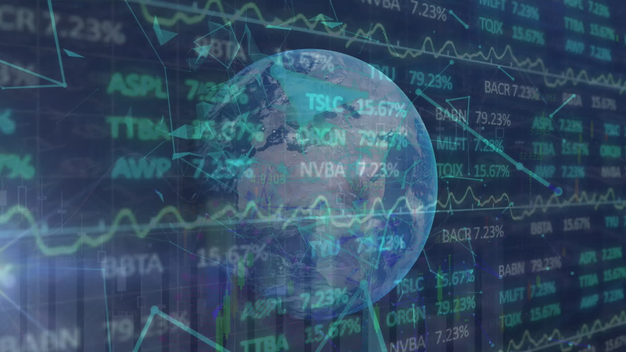 Animación de procesamiento de datos financieros con globo terráqueo y conexiones sobre fondo negro