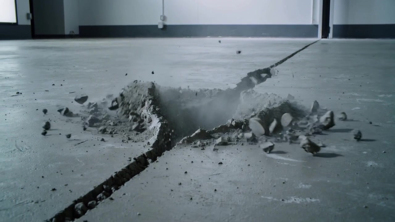 Bulging seam lifting concrete slab and collapsing warehouse floor, ejecting dust, rubble, cable