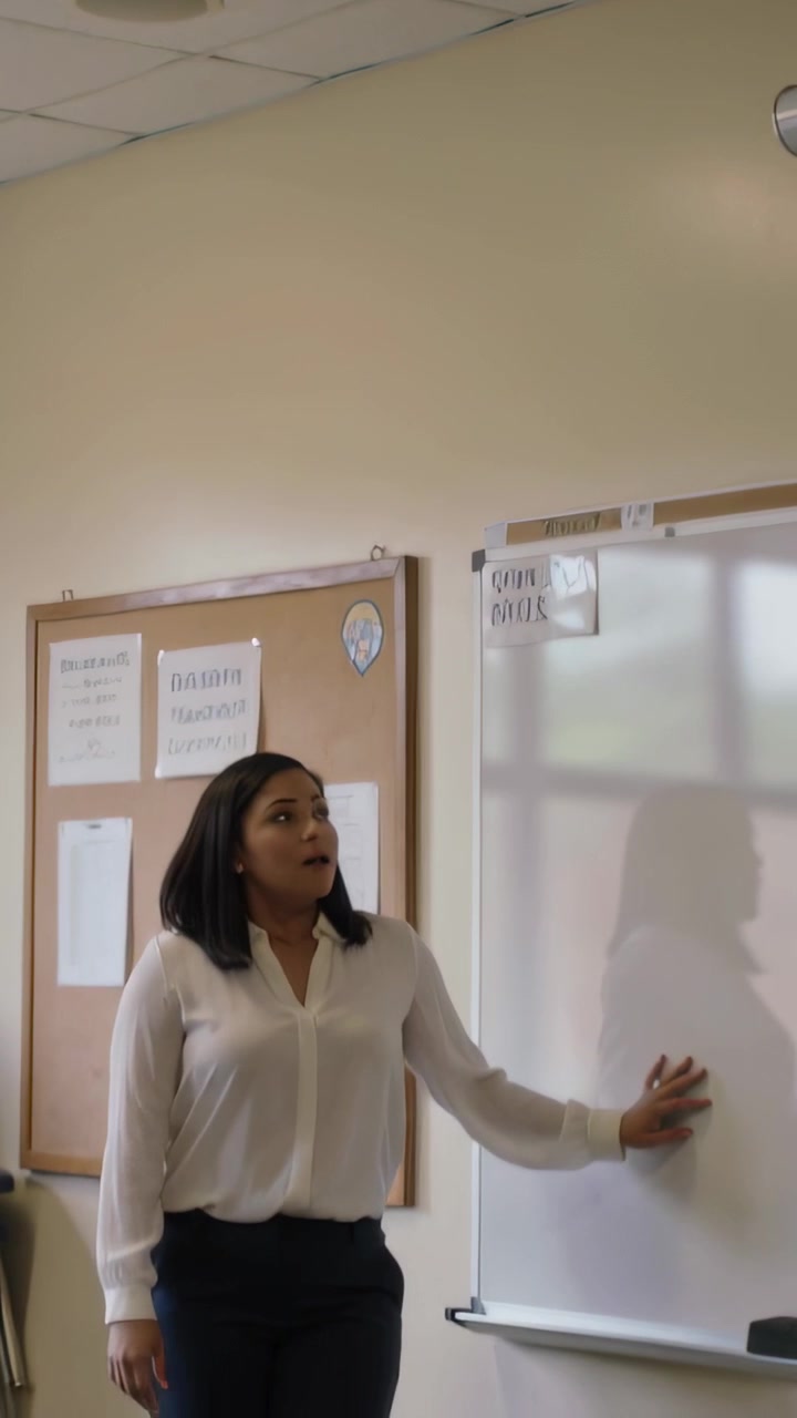 Vertical video: Camera dropping teacher in blouse pants touching whiteboard in classroom preparing