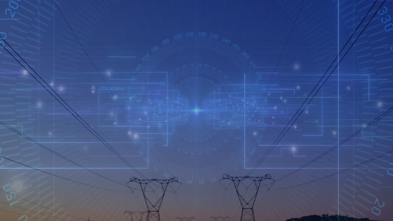 Power lines with digital network animation glowing during twilight sky