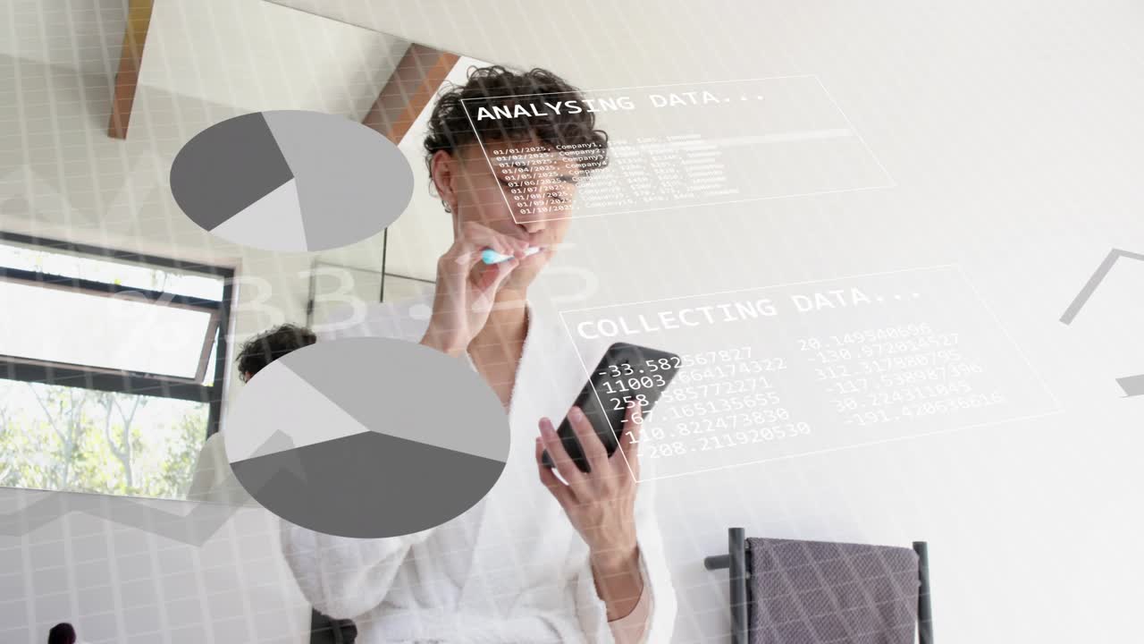 Man brushing teeth in bathroom, tapping phone and activating health overlays tracking brushing