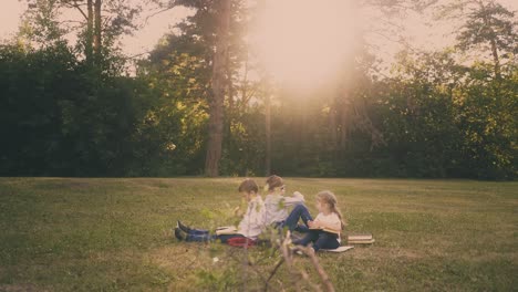 pupils-and-cute-girl-with-books-rest-on-lawn-at-sunlight