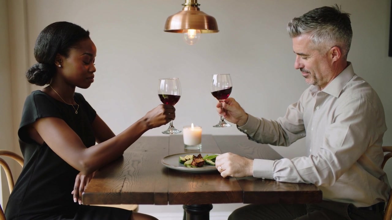 Raising wine glasses for toast, business-casual couple clinking, lowering at rustic table