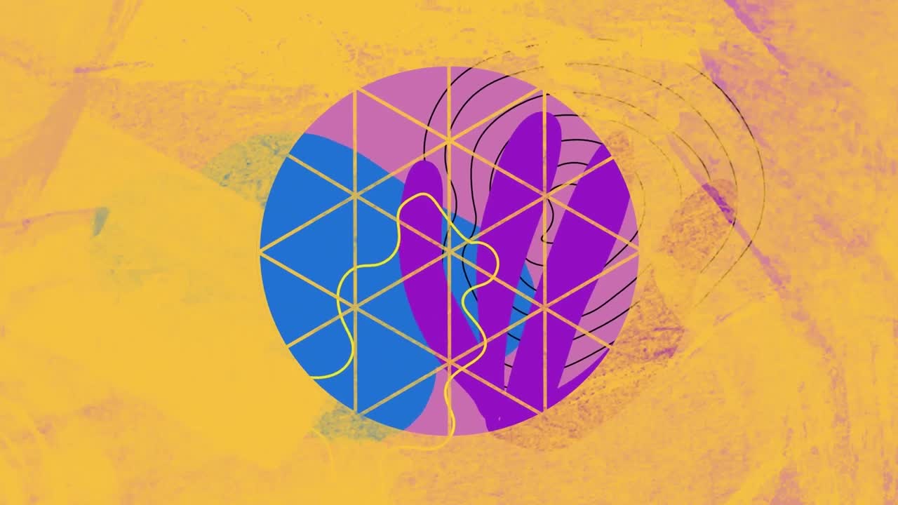 animación digital de formas geométricas abstractas sobre un círculo contra un fondo amarillo