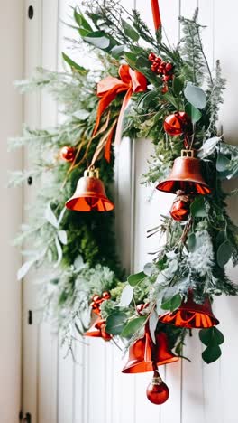 corona de navidad colgada en una puerta blanca