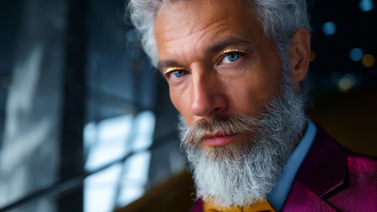 Uomo elegante e maturo con capelli e barba argentati mostra un'espressione raffinata in un abbigliamento sofisticato, catturando l'attenzione con uno stile distintivo e una presenza affascinante