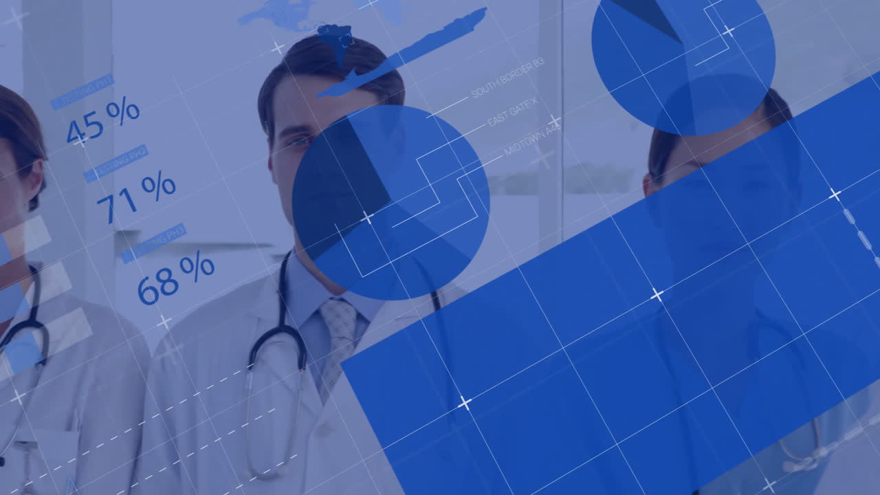 In school, medical professionals analyzing data charts and graphs with animation overlay