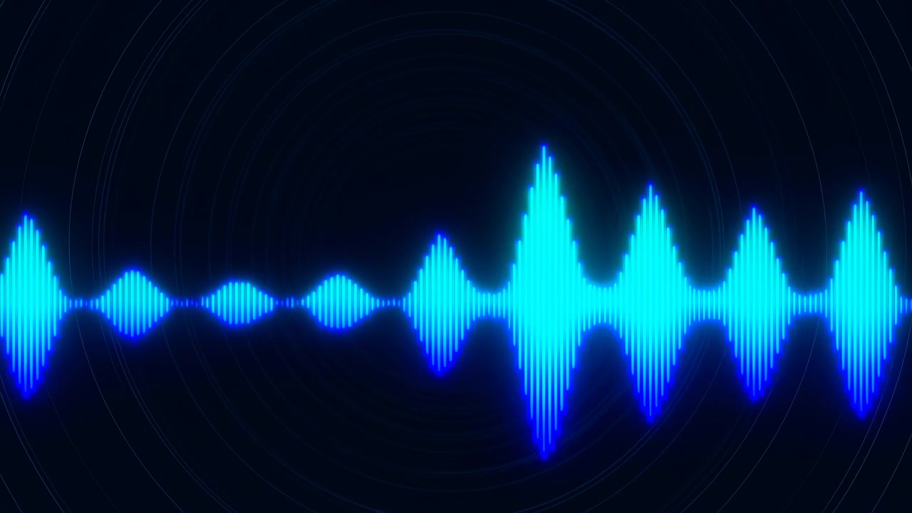 Blue Audio Waveform Visualization Pulsing Across Dark Background With Neon Glow, Dynamic Frequency Peaks Rise