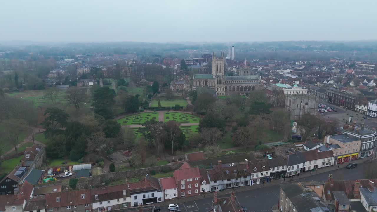Bury st edmunds showcasing historic architecture and lush greenery, aerial view