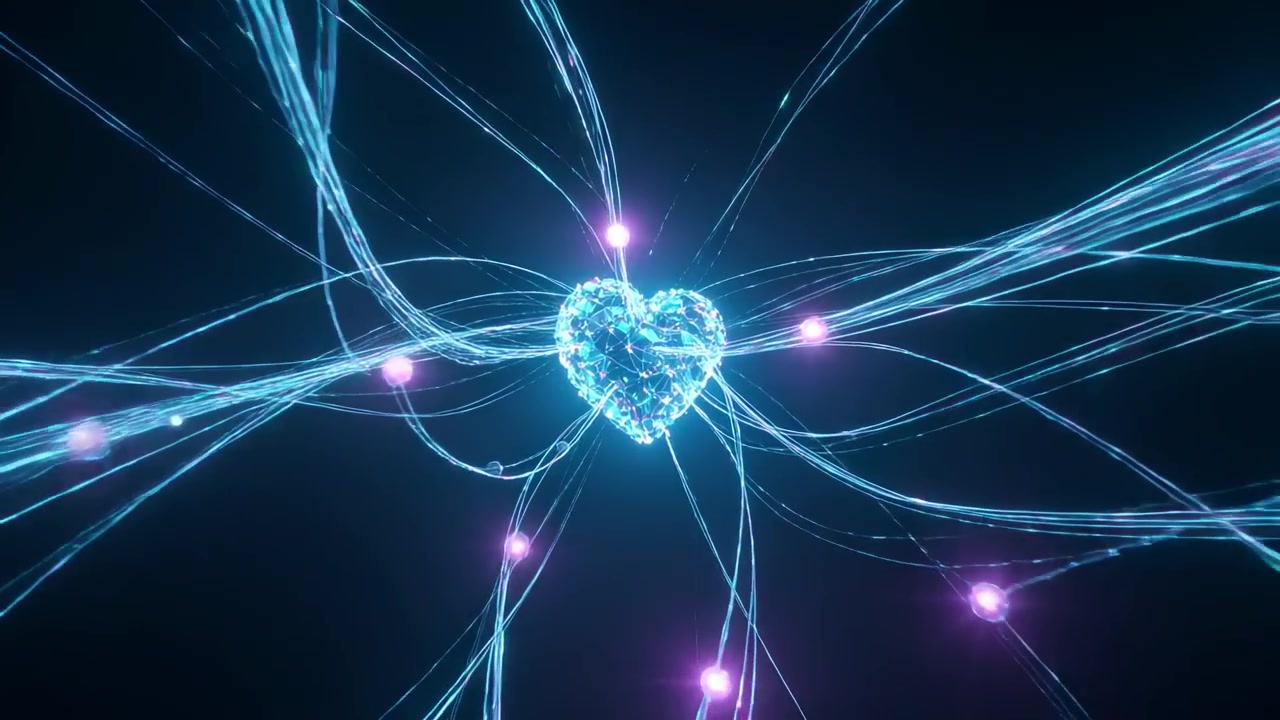 Sykkivä, kristallinen, sydämenmuotoinen ydin lähettää hehkuvia säikeitä pimeän tyhjyyden poikki energisoiden solmuja.