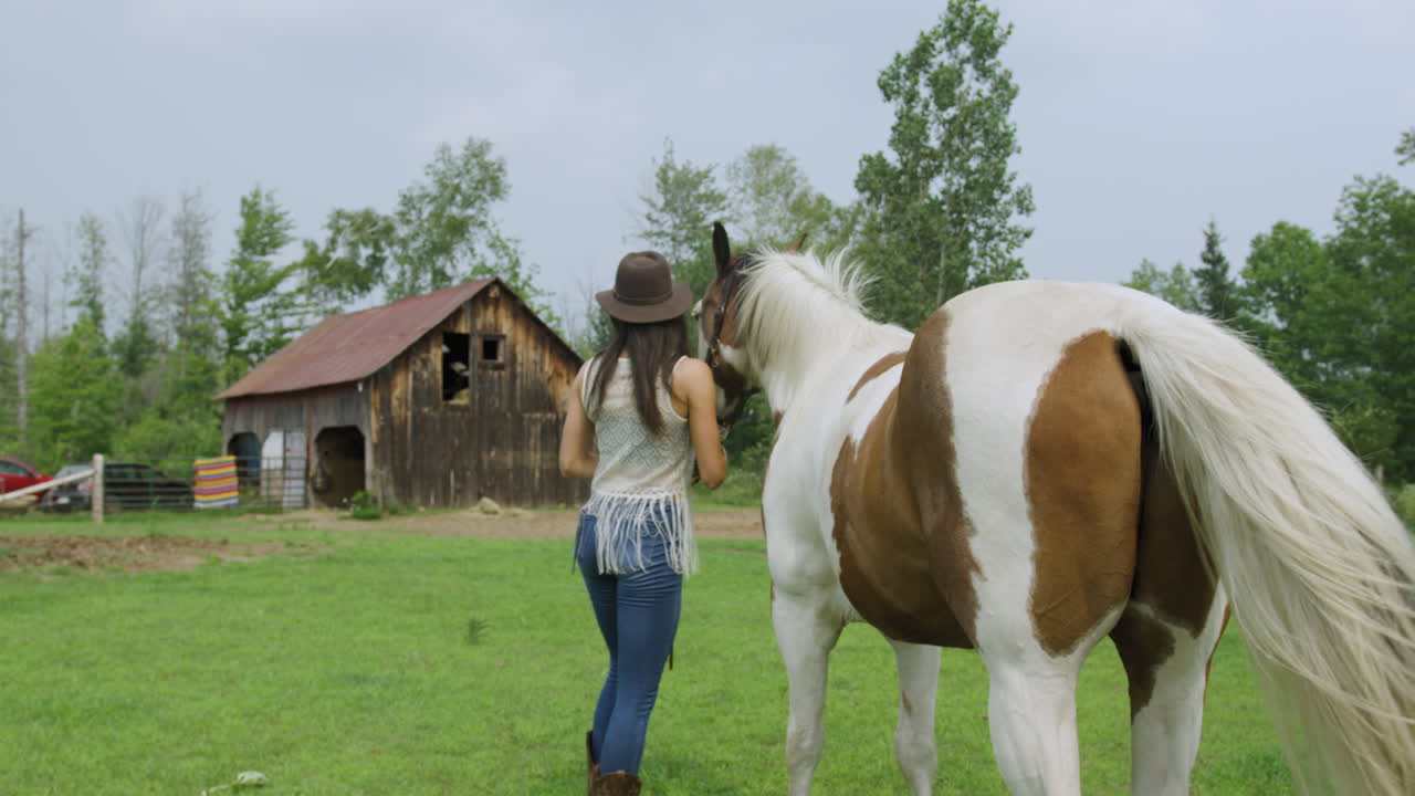 Una giovane e attraente cowgirl in fattoria guarda in lontananza, poi riporta il suo cavallo al fienile