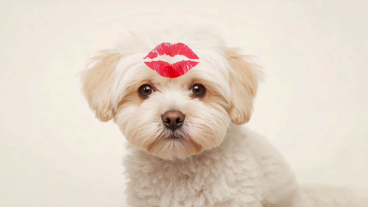 Movimento della camera che fa spalancare gli occhi a un cagnolino, spostando lo sguardo su uno sfondo color crema con un bacio rosso