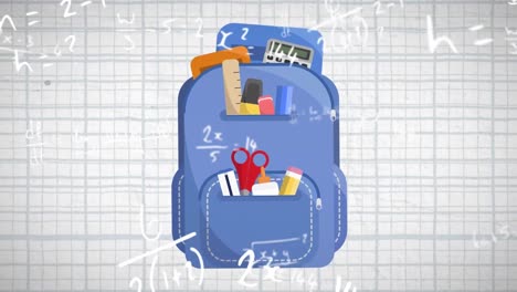 Animation-Mathematischer-Zeichnungen-Und-Formeln-über-Rucksack-Auf-Weißem-Hintergrund