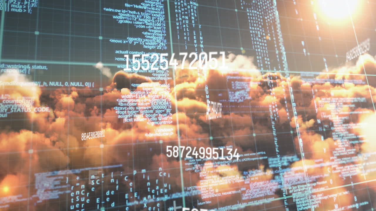 animación de números y procesamiento de códigos informáticos sobre el cielo al atardecer