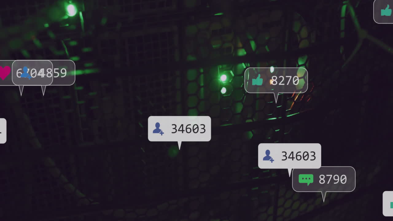 animación de iconos digitales y procesamiento de datos a través de servidores informáticos