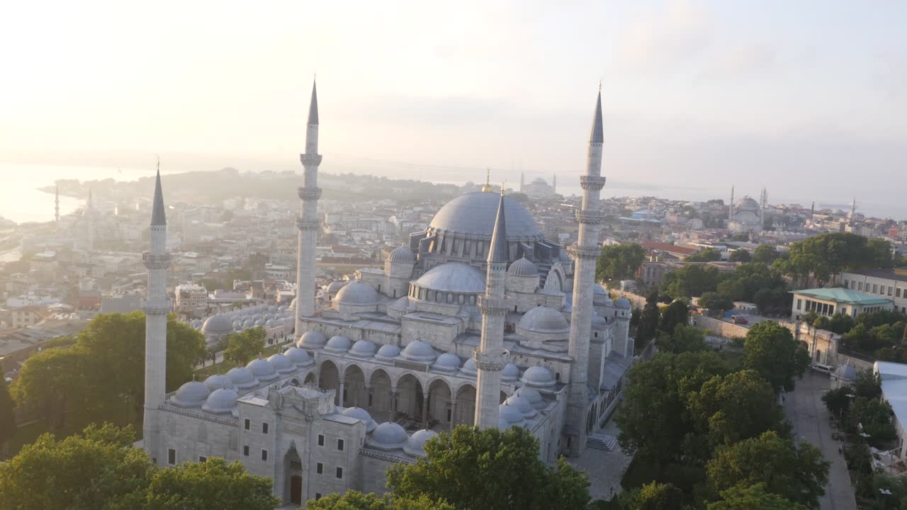 Suleymaniye mosque, 4k aerial drone video with city view