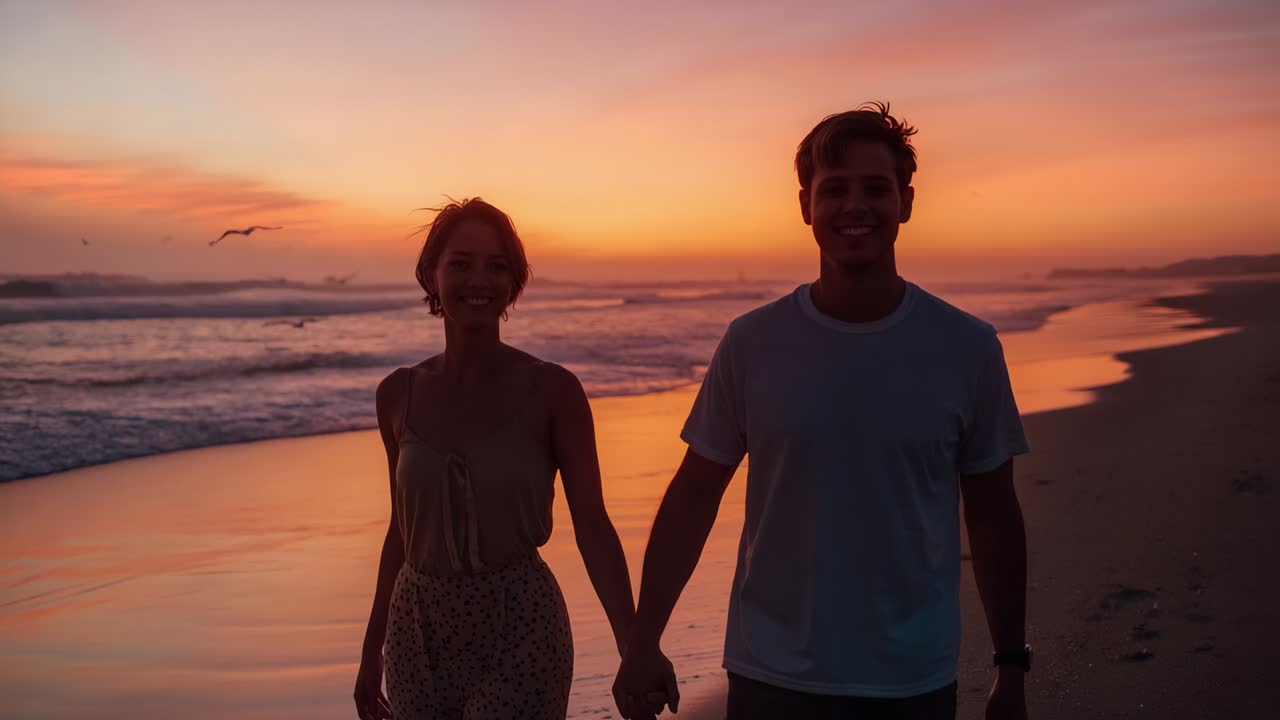 Sunset drawing couple holding hands walking toward camera at beach, patterned dress watch visible