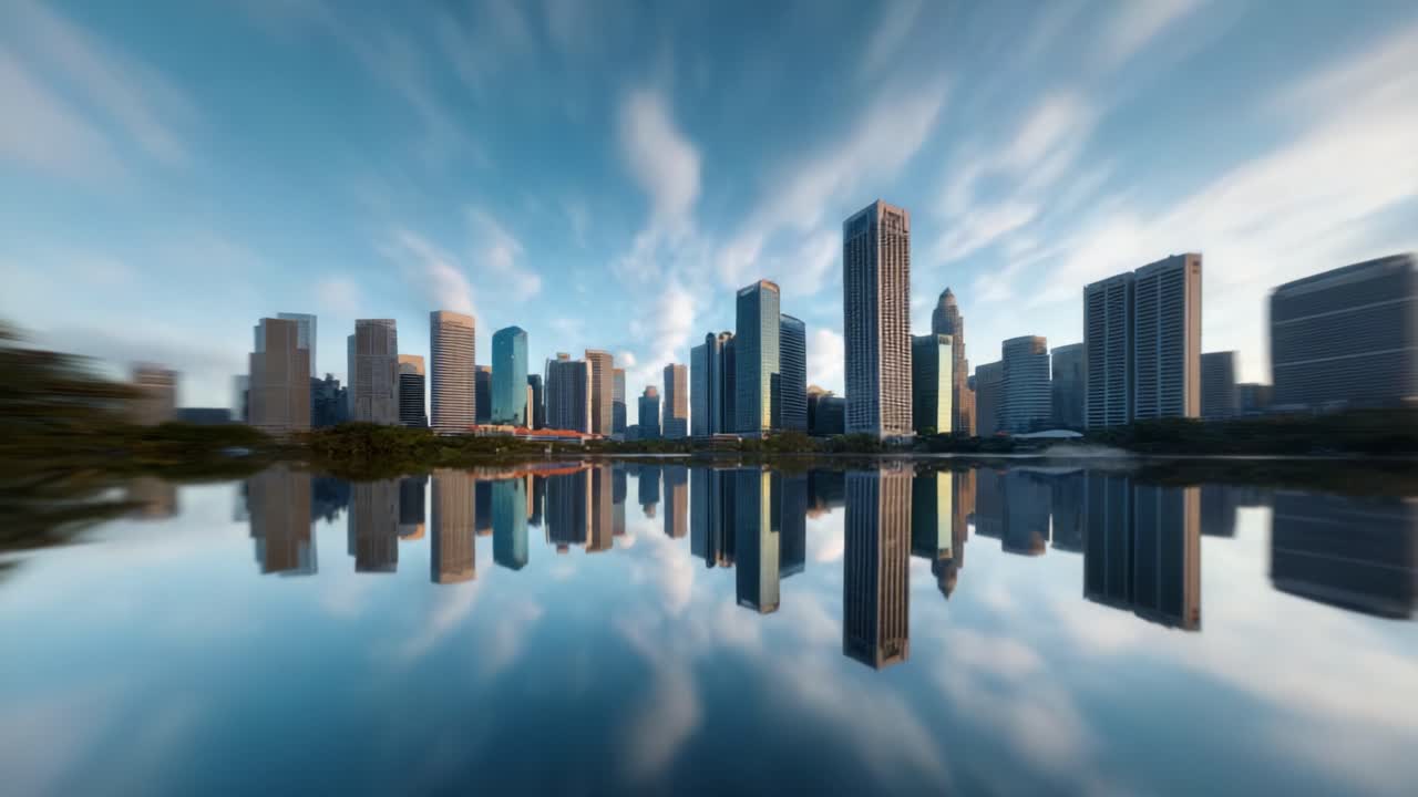 A Stunning Urban Waterfront Landscape Featuring Towering Skyscrapers Reflected in a Serene Body of Water Under a Vibrant Sky of Clouds and Sunlight